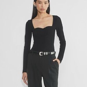 Aritzia Babaton Sculpt Knit Ribbed Sweatheart Long Sleeve Top Black XL Like New